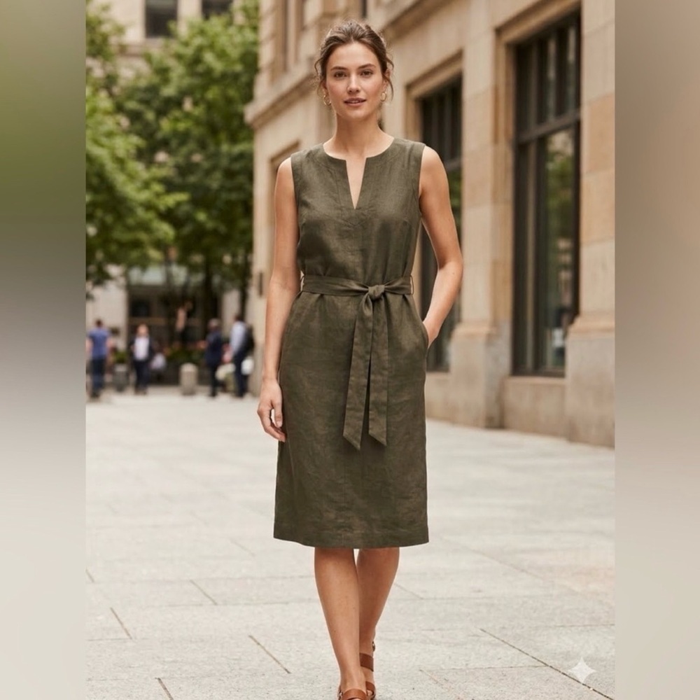Banana Republic Olive Sleeveless Tie-Waist Shift Midi Dress Size Xl Linen Blend